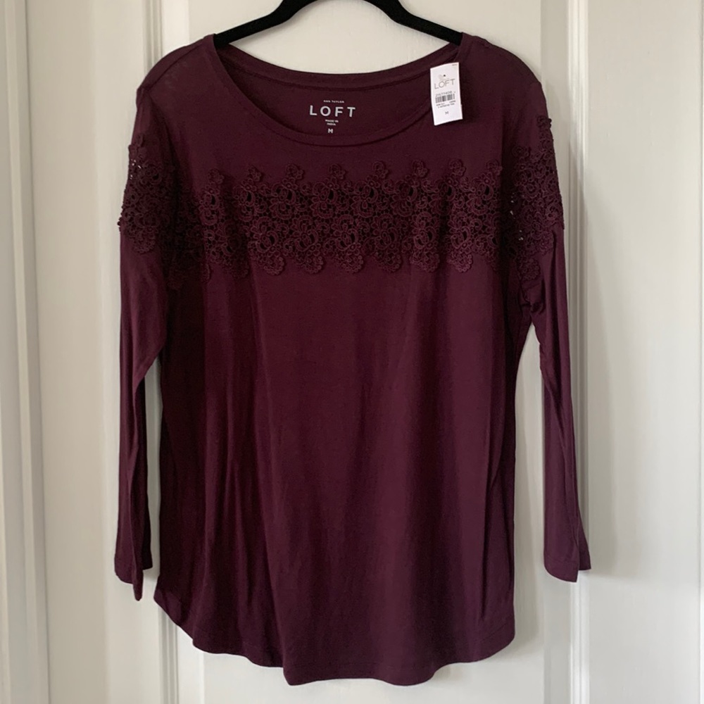 NWT LOFT Lace Detail 3/4 Length Sleeves Purple Top Size M